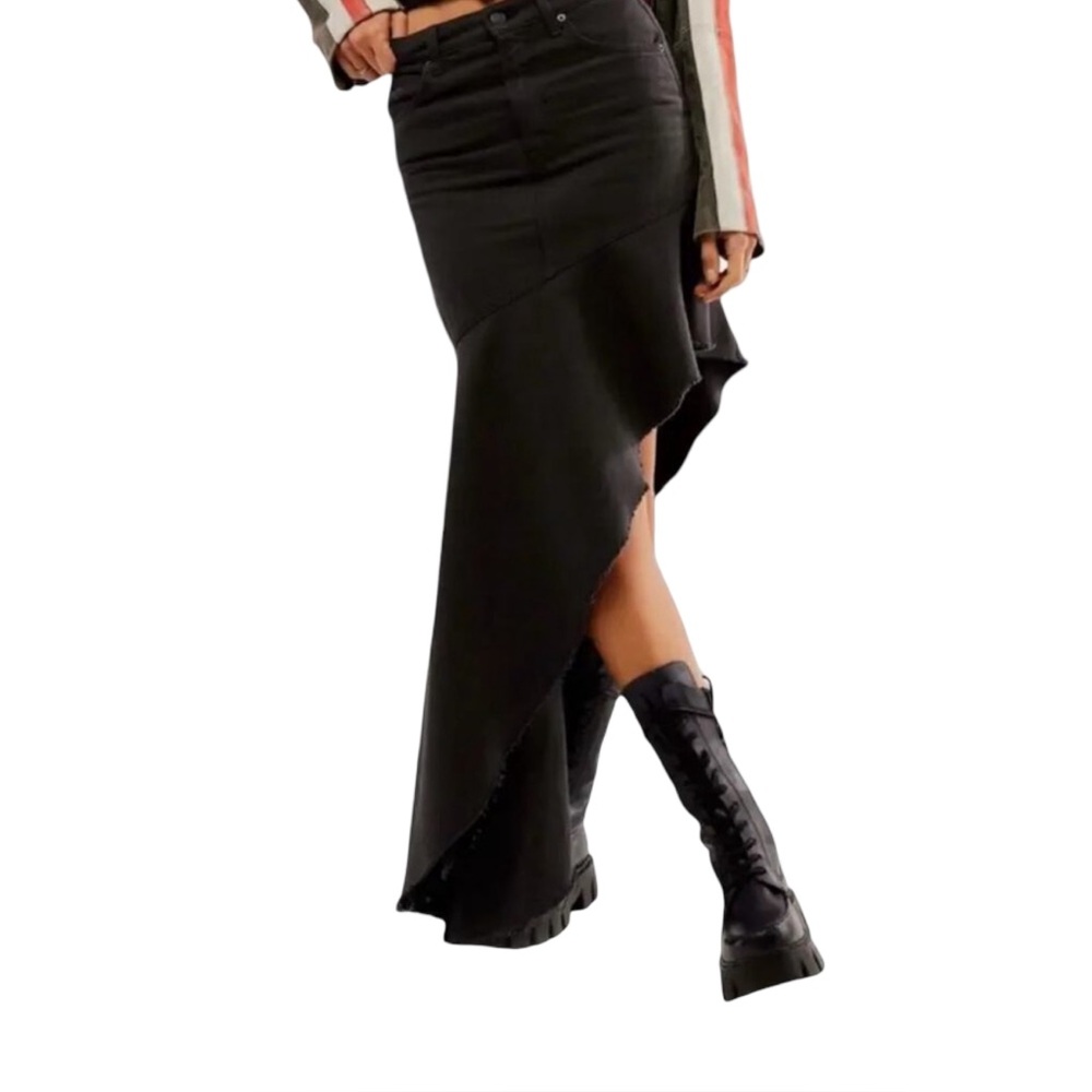 Mother Snacks Crinkle Cut Asymmetrical Denim‎ Midi Skirt Black Size 27 NWT - Picture 4 of 15